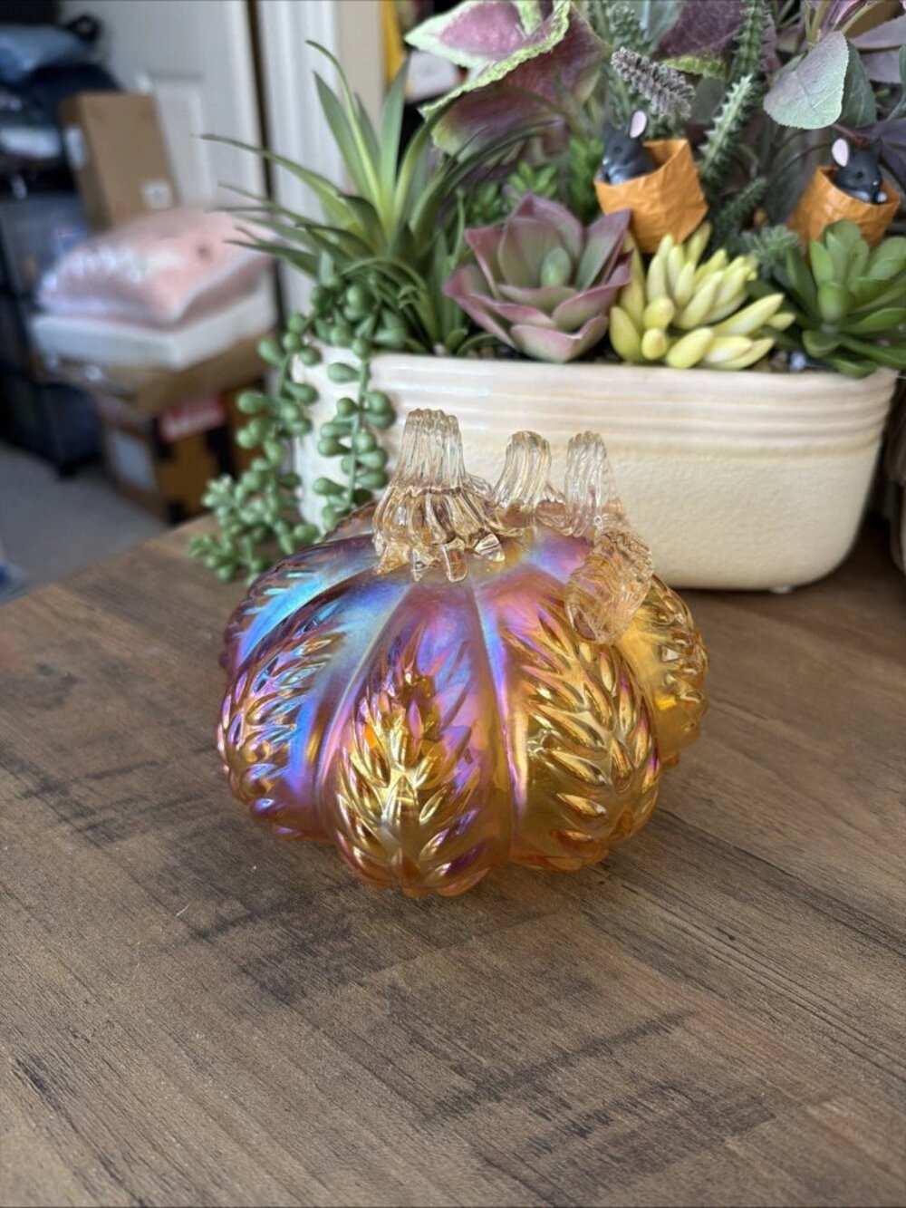 Iridescent Art Glass Pumpkin Figurine, Glass Spiral Stem, Embossed Leaf Pattern
